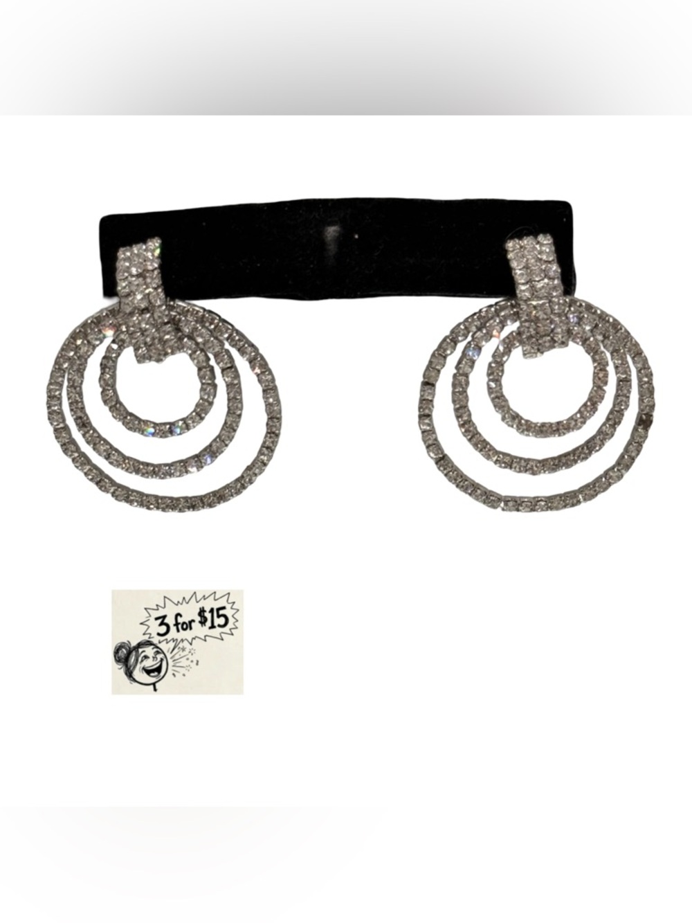 Silver Rhinestone Triple Circle Door Knocker Dangle Earrings | Vintage Glam Look